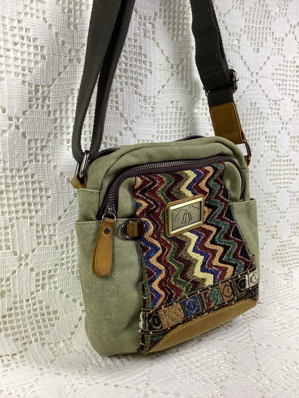 Drift stone Olive Green Canvas Crossbody Bag with Multicolor Zigzag Accent